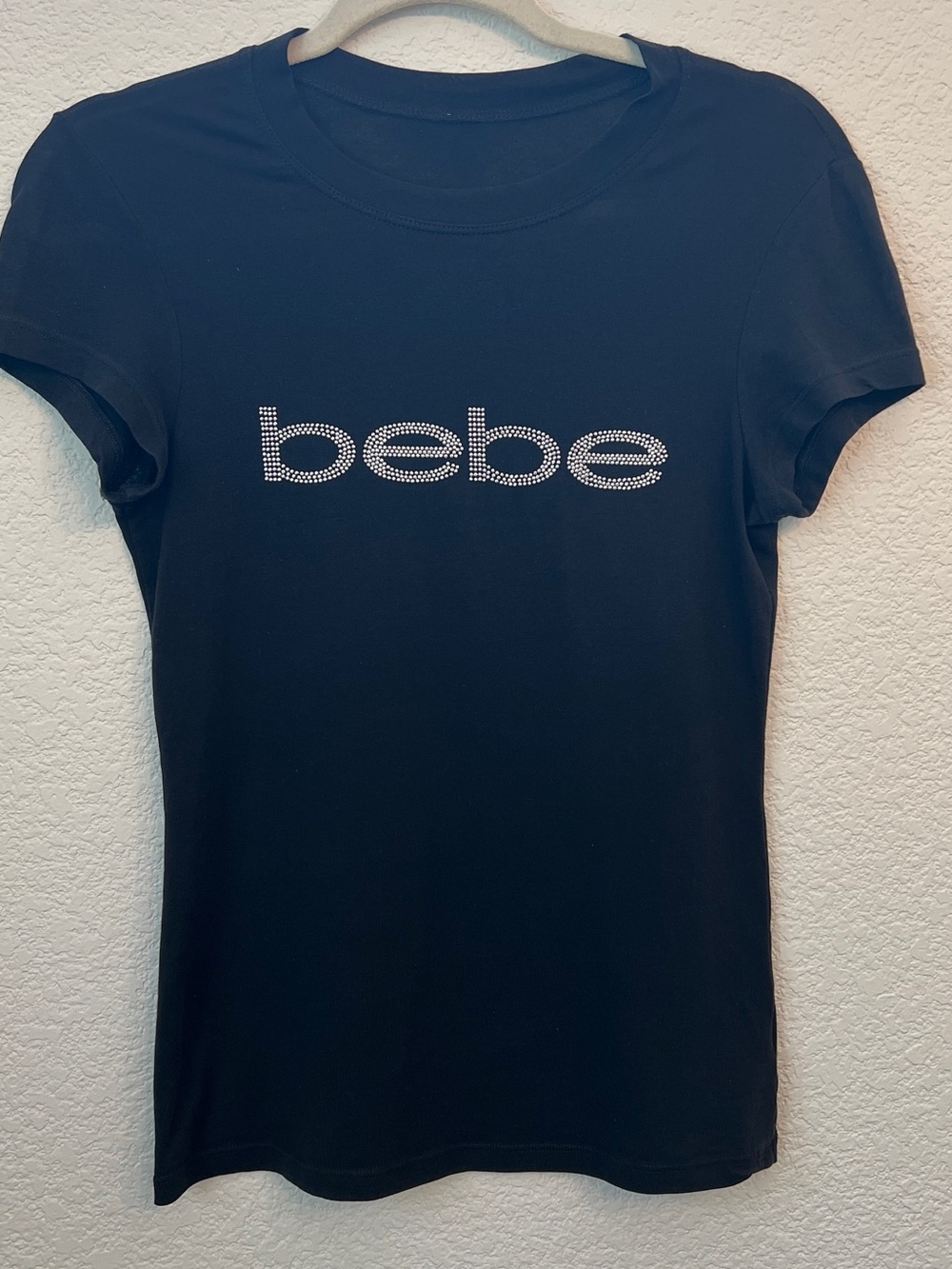 Bebe Black Short Sleeve Tee with Silver Crystal Logo